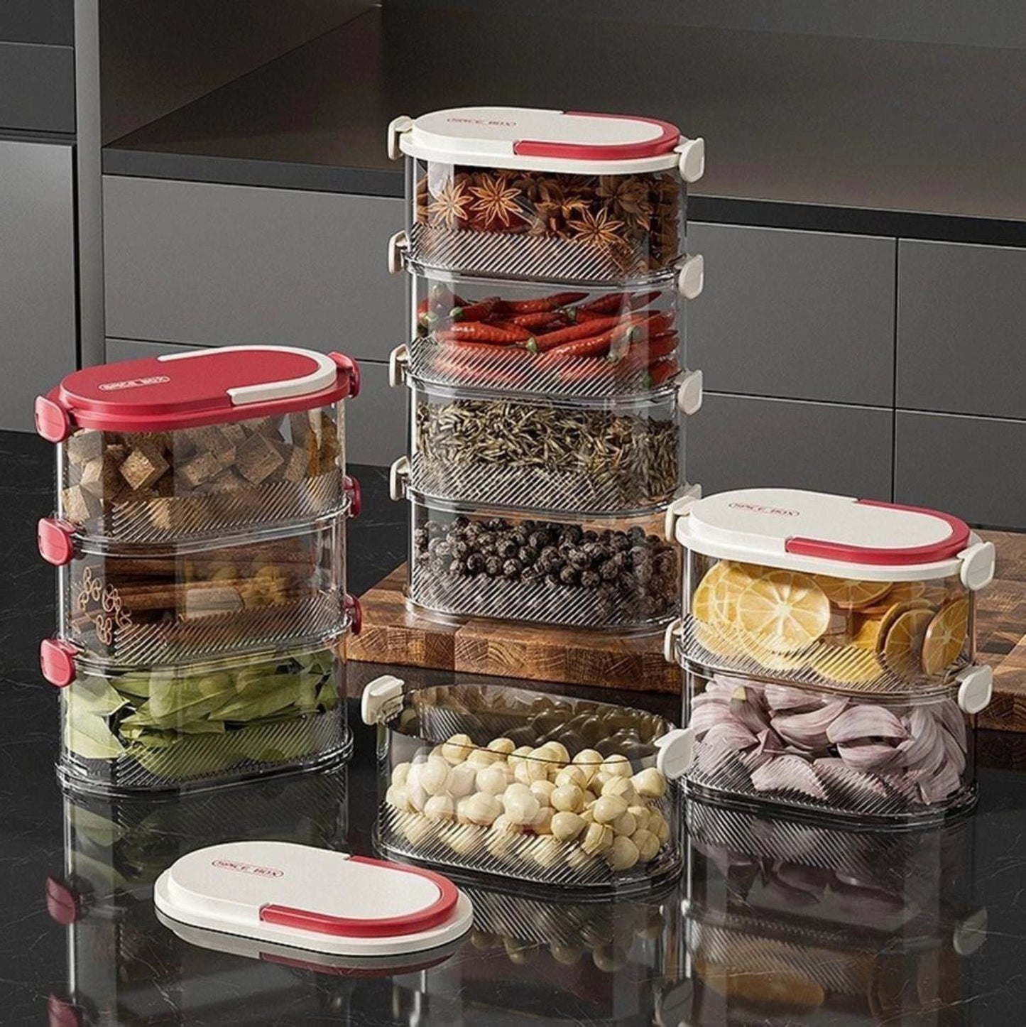 Caja de condimentos de varias capas con tapa hermética, apilable (L)