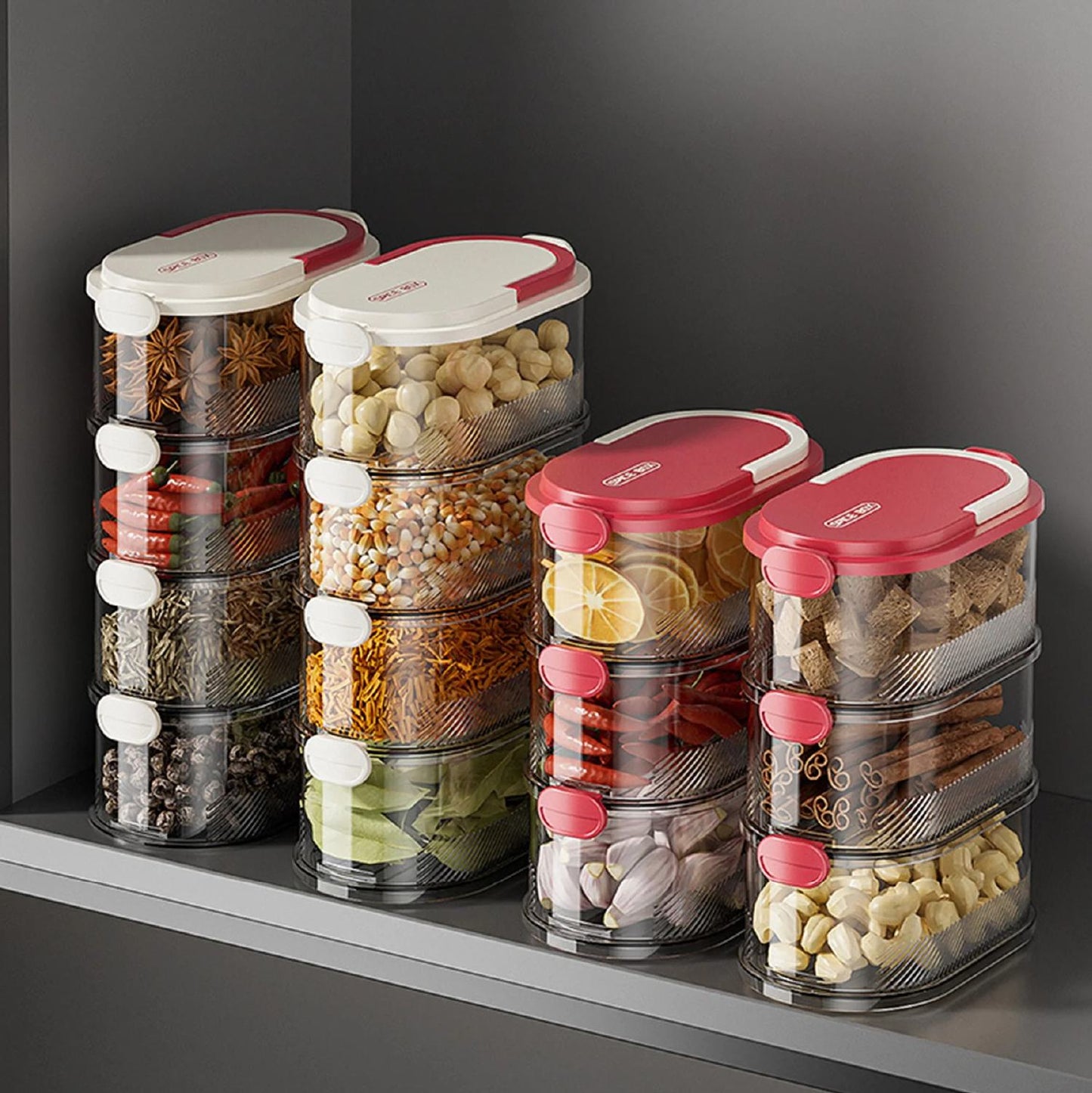 Caja de condimentos de varias capas con tapa hermética, apilable (L)