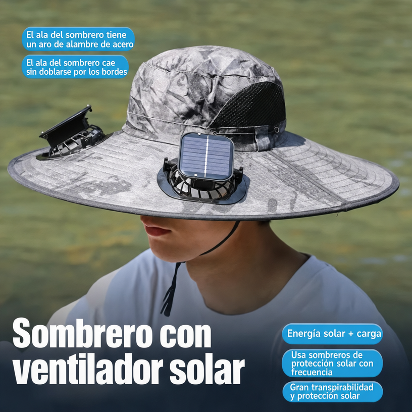 70% DE DESCUENTO | Sombrero Solar con Ventilador – Frescor Manos Libres y Protección UV 360°
