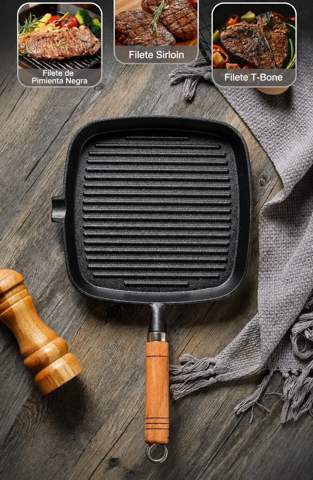 Sartén Grill de Hierro Fundido con Mango de Madera — Antiadherente Natural, Apta para Inducción y Gas