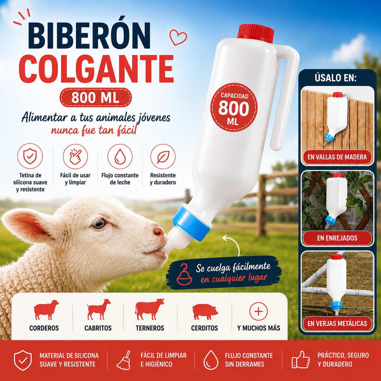 Biberón automático colgante para corderos, cabritos y terneros — leche y agua en un solo uso, manos libres cada día