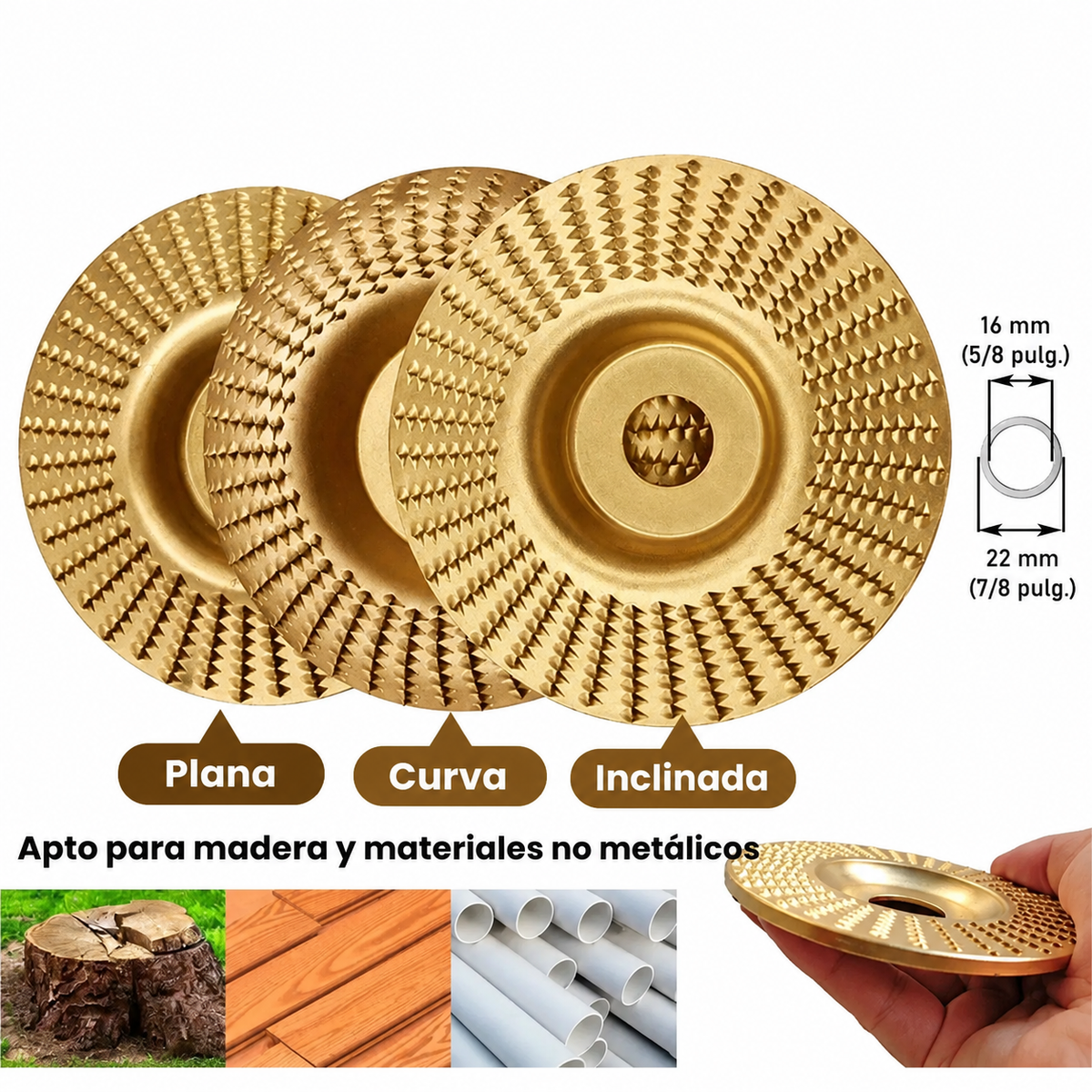 70% DE DESCUENTO | Set de 3 discos de desbaste de acero al carbono resistente para madera (Plano - Curvo - Inclinado)