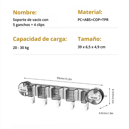 Soportes de vacío con 5 ganchos y 4 clips de fijación, con una capacidad de carga superior a 30 kg