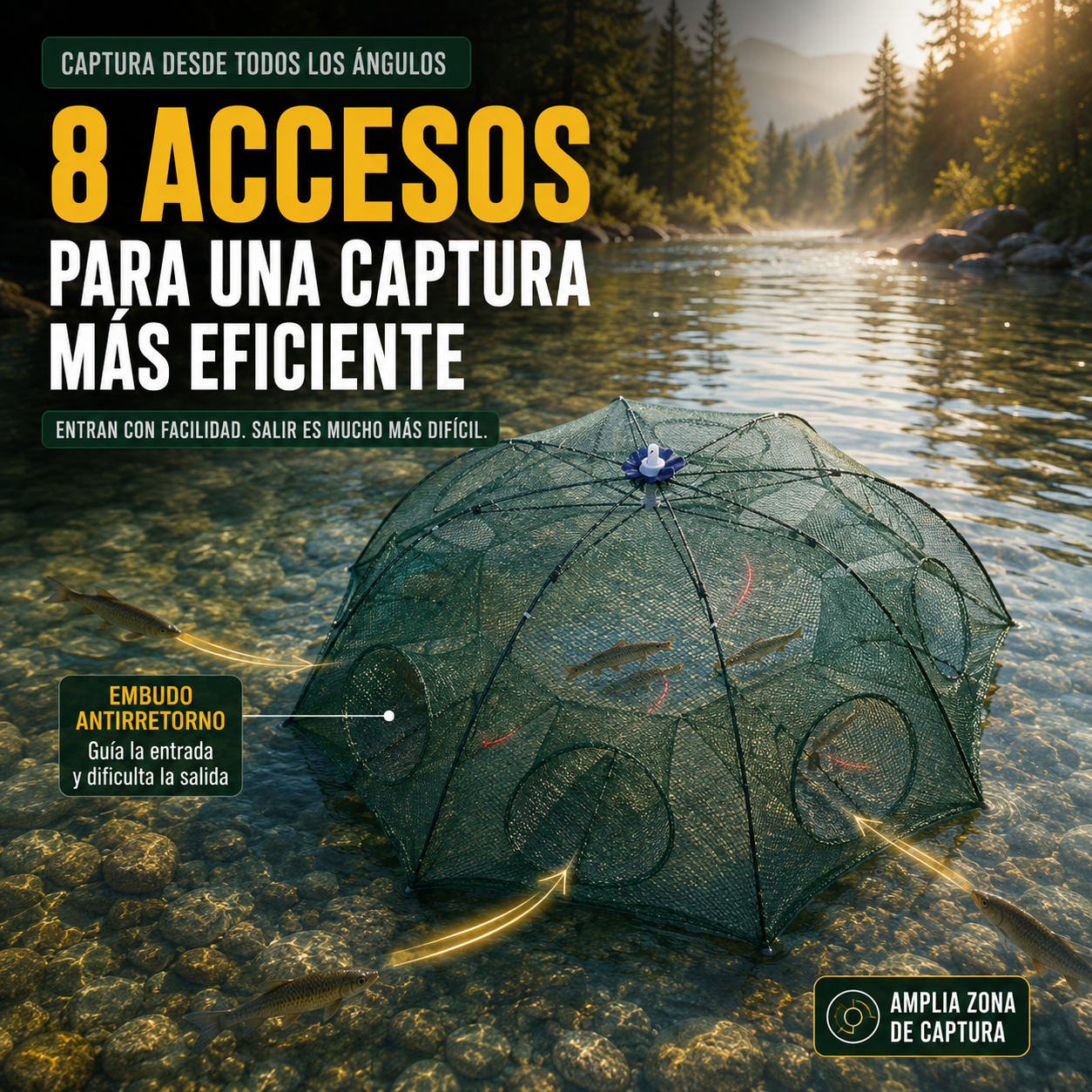 CAPTURA PECES SIN ESFUERZO | TRAMPA DE PESCA PLEGABLE DE 8 ENTRADAS