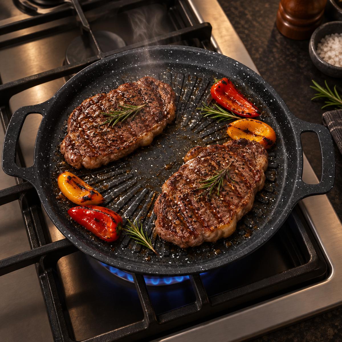 Plancha grill de piedra Maifan de 6 capas, resistente hasta 480 °C – Para gas, inducción, vitrocerámica e infrarrojos