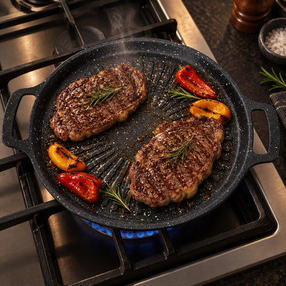 Plancha grill de piedra Maifan de 6 capas, resistente hasta 480 °C – Para gas, inducción, vitrocerámica e infrarrojos